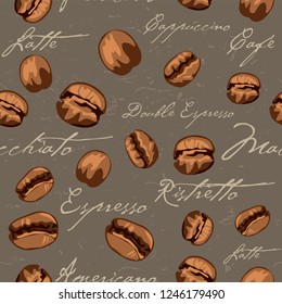 Repeating seamless coffee bean pattern including the text Espresso, Double Espresso, Macchiato, Ristretto, Americano, Café Latte, Cappuccino.