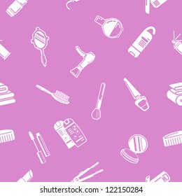 A repeating seamless cosmetics background tile texture with lots of drawings of different cosmetics and beauty products