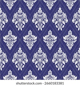 Repeating seamless damask pattern with white ornate floral motifs on a dark blue background