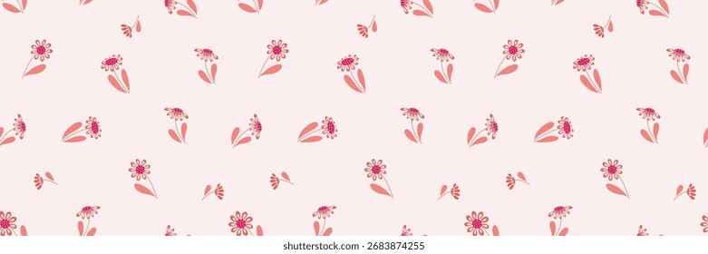 Repeating seamless floral pattern with pink minimalist daisies on soft pastel background. Ideal for fabric, packaging, wallpaper, stationery.
