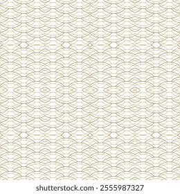 Repeating seamless japanese style vector pattern of delicate, golden arcs resembling fish scales or waves on white background. Modern elegance curved lines ornaments. Endless ornate texture.