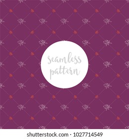 Repeating seamless lattice pattern of white flowers and orange/pink honey bees on a purple background