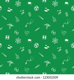 A repeating seamless medical and science background tile texture with lots of different medical and science icons