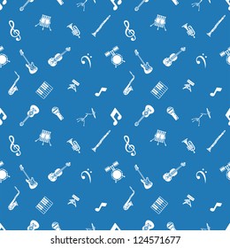 A repeating seamless music background tile texture with lots of drawings of different musical instruments and music icons