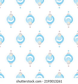 Repeating, seamless mystical pastel pattern on white background. Crescent moon and pastel blue and pink planets.  Vector Artwork. EPS 10.