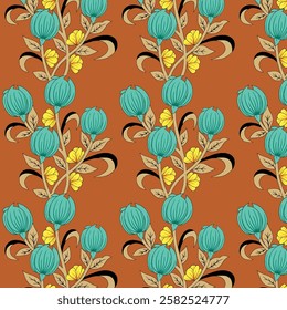 Repeating seamless natural pattern. Clover and thistle on a dark background. Sea-green color, yellow, orange colors. The modern design of surfaces and fabrics