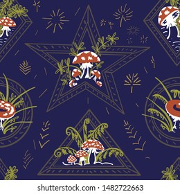 Repeating seamless ornament composed of psychoactive mushrooms. Seamless pattern of magic elements of mushrooms, alchemical figures and magic signs. Seamless ornament for the little witch. 