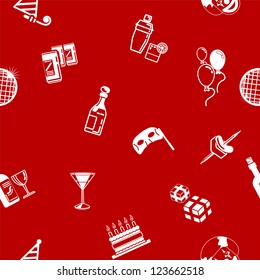 A repeating seamless party background tile texture with lots of drawings of different party icons