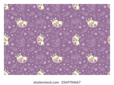 Repeating seamless pattern with adorable unicorn with twigs and stars on a purple background. Design for printing on a t-shirt, poster, banner. Beautiful print for t-shirt, shopper, notebooks, covers,