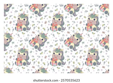 Repeating seamless pattern with adorable unicorn and cupcake. Design for printing on t-shirt, poster, banner. Beautiful print for t-shirt, shopper, notebooks, covers, posters and cards