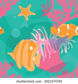 Repeating seamless pattern or background with reef fish butterflies, clown fish, corals, starfish, seashells. Gamma pink, orange, turquoise. 