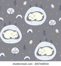 Repeating seamless pattern of bear in a den, winter forest, bullfinches, mountain ash, snowdrifts and snowfall. Christmas wrapping paper design.
