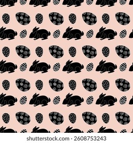 Repeating seamless pattern with black Easter bunnies silhouettes and decorative Easter eggs on a soft beige background. Perfect for wrapping paper, wallpaper, and gift box decorating.