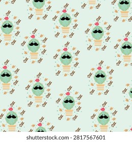 Repeating seamless pattern of cartoon owls as cupcakes with mustaches and bow ties