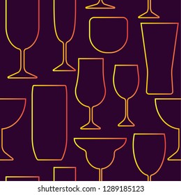 Repeating seamless pattern of cocktail, wine and spirit glasses gold outlines on purple background