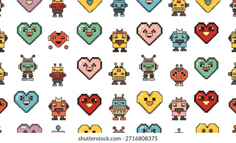 Video Un patrón continuo y repetitivo de coloridos robots y corazones de pixel art, creando un fondo de juego divertido y retro de 8 bits.