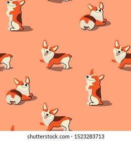 A repeating seamless pattern of corgi puppies, cute character in different poses. Flat vector stock graphics
