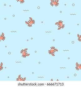 Repeating seamless pattern with crabs on a blue background. Vector marine pattern, crabs