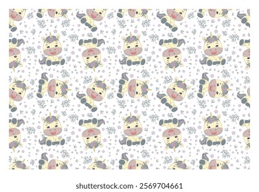 Repeating seamless pattern with cute unicorn trees, twigs and stars. Design for printing on t-shirt, poster, banner. Beautiful print for t-shirt, shopper, notebooks, covers, posters and cards