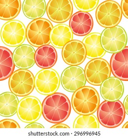 Repeating seamless pattern of different citruses. Orange, grapefruit, lemon, lime.