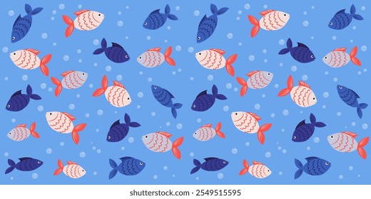 Repeating seamless pattern of doodle fish. Vector illustration in cartoon style. Blue,gray and cream color fish on blue background.For wtapping paper, covers, backgrounds, textile.