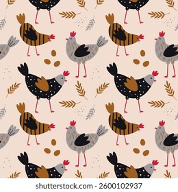 Repeating seamless pattern for Easter with Chicken, hens, eggs. Festive boho background with farmer motive for holiday, congratulation. Design rapport for textile, print, wrapping, card, paper, banner