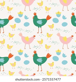 Repeating seamless pattern for Easter with Chickens, hens, rooster, eggs. Festive background with farmer motive for holiday, congratulation. Design rapport for textile, print, wrapping, card, paper