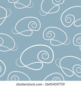 Repeating seamless pattern with elegant spiral shells on a blue background arranged randomly, for various summer designs