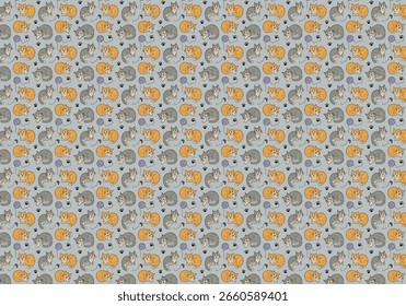 A repeating seamless pattern featuring cartoon-style illustrations of orange and grey tabby cats. 