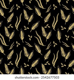 A repeating seamless pattern featuring golden wheat stalks and seeds against a dark backdrop.