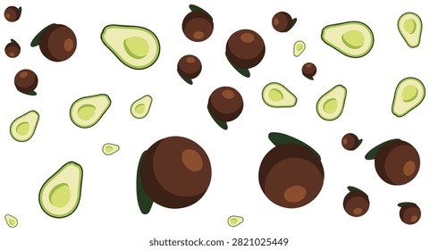 repeating seamless pattern featuring halved ripe green avocados with seeds and whole dark brown avocados on a white background