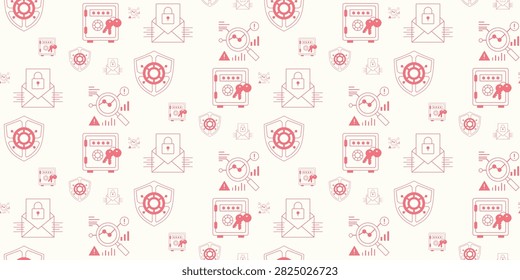 repeating seamless pattern featuring red cyber security icons including shield envelope lock alert and data protection symbols on a light neutral background