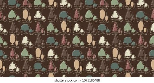 Repeating seamless pattern of forest tree outlines on a dark background