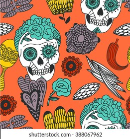 Repeating seamless pattern with frida skulls doodles of maracas flowers. Colorful elements with black outline. Day of the Dead in Mexico, Halloween. Tatoo art rock and roll ethnic vector pattern

