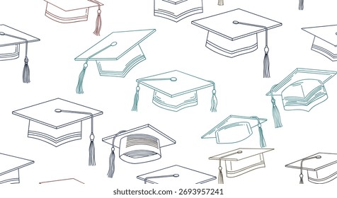Um padrão contínuo repetitivo de chapéus mortarboard de graduação com borlas em várias cores em um fundo branco.