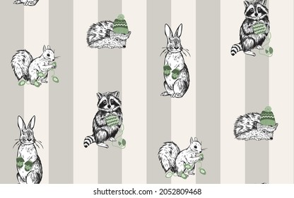 Repeating, seamless pattern of hand drawn black and white animals and holiday themed items in shades of green over a beige striped background