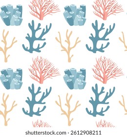 Repeating seamless pattern with hand drawn corals. Summer sea background. Minimalist marine silhouettes. Vector illustration