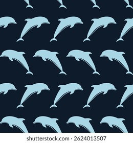 Repetindo padrão sem costura de golfinhos azul claro nadando contra fundo azul escuro. Elegante e aquático, ideal para fundos, tecidos e projetos inspirados no oceano. Padrão sem emenda oceânica
