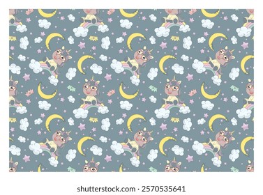 Repeating seamless pattern with moon and rainbow on dark background. Design for printing on t-shirt, poster, banner. Beautiful print for t-shirt, shopper, notebooks, covers, posters and cards