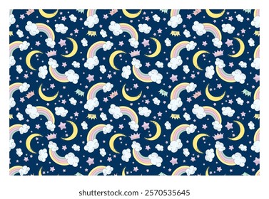 Repeating seamless pattern with moon and rainbow on blue background. Design for printing on t-shirt, poster, banner. Beautiful print for t-shirt, shopper, notebooks, covers, posters and cards
