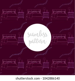 Repeating seamless pattern of pink bed, sheets and blanket next to nightstand with lamp and phone charger on dark purple maroon background