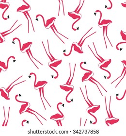 repeating seamless pattern with pink flamingos on white background