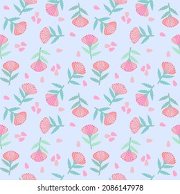Repeating seamless pattern, pink flowers, light leaves, on a blue background, drawing for printing 