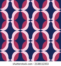 Repeating, seamless pattern of pink and red abstract bird shapes on blue background. Ideal for wrapping paper or greeting card design.
