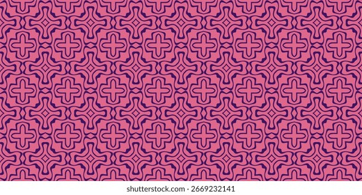 Um padrão contínuo repetitivo de formas cruzadas interconectadas roxas com linhas curvas em um plano de fundo rosa.