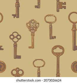 Repeating seamless pattern with realistic old keys on beige backdrop. Vintage vector background with beautiful gold, bronze or rusty keys. Suitable for wallpaper, wrapping paper or fabric design