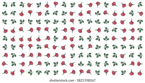 repeating seamless pattern of red roses with green leaves arranged on white background decorative for design