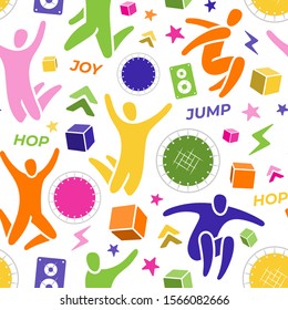 Repeating seamless pattern, swatch. Set of icons: jumping people, top view trampoline, sound speaker, foam rubber cubes, lightning, chevron. Trampoline, amusement park concept. Flat vector EPS 10