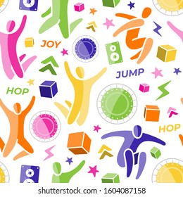 Repeating seamless pattern, swatch. Set of icons: jumping people, top view trampoline, sound speaker, foam rubber cubes, lightning, chevron. Trampoline, amusement park concept. Flat vector EPS 10