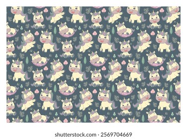 Repeating seamless pattern with three cute unicorns on a dark background. Design for printing on a t-shirt, poster, banner. Beautiful print for t-shirt, shopper, notebooks, covers, posters and cards